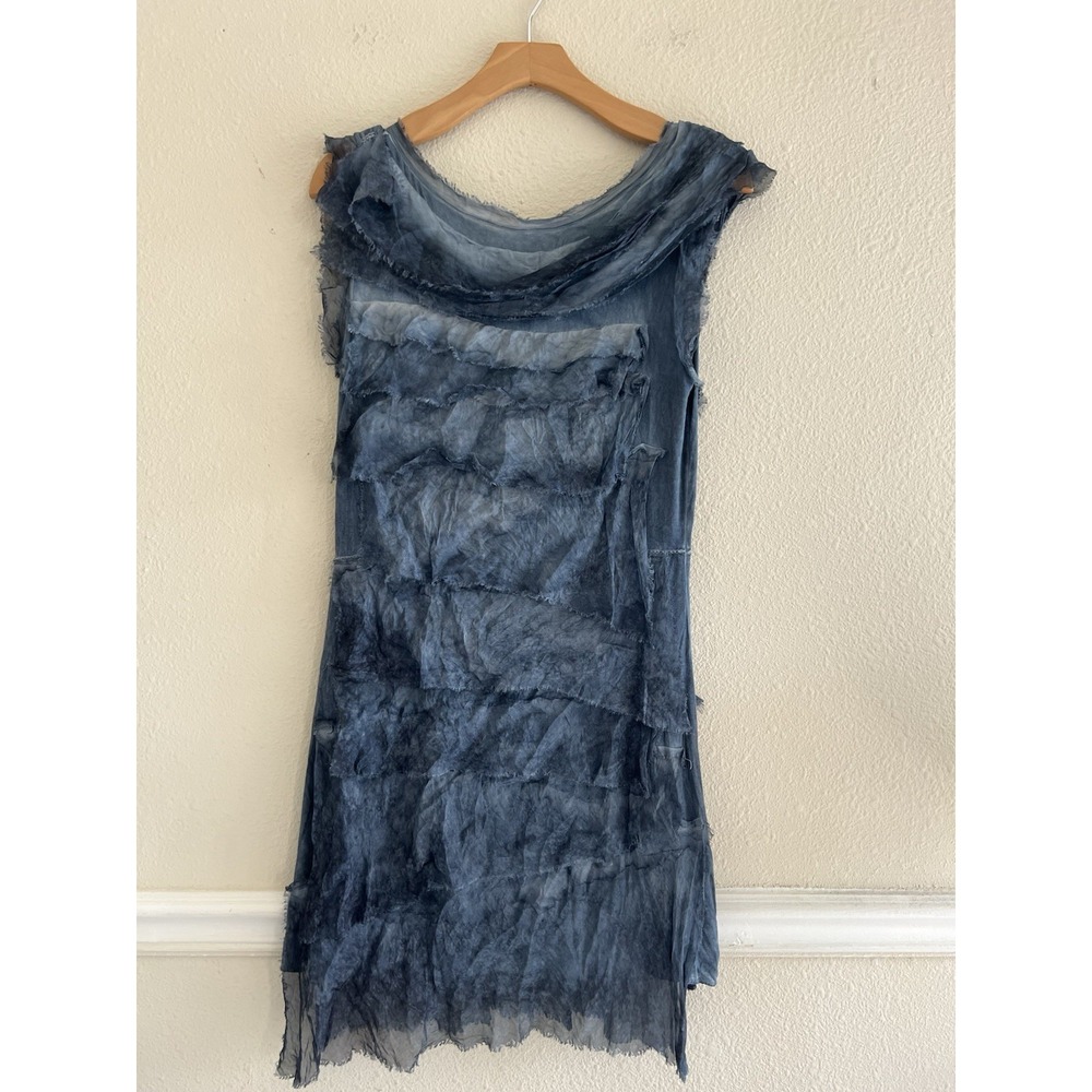 Tempo Paris Women's S Italian Silk Layered Tiered Raw Hem Blue Dress Grunge